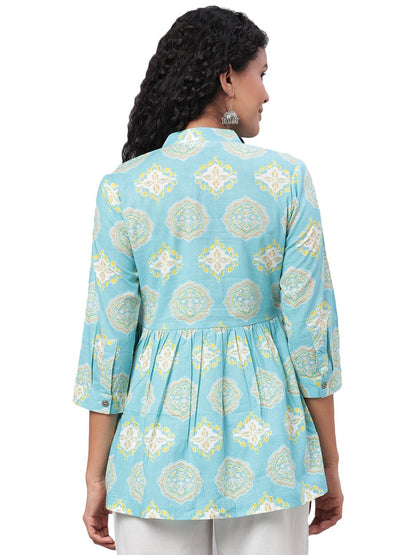 Women's Green Printed 3/4 Sleeve Coller Neck Cotton Casual Top