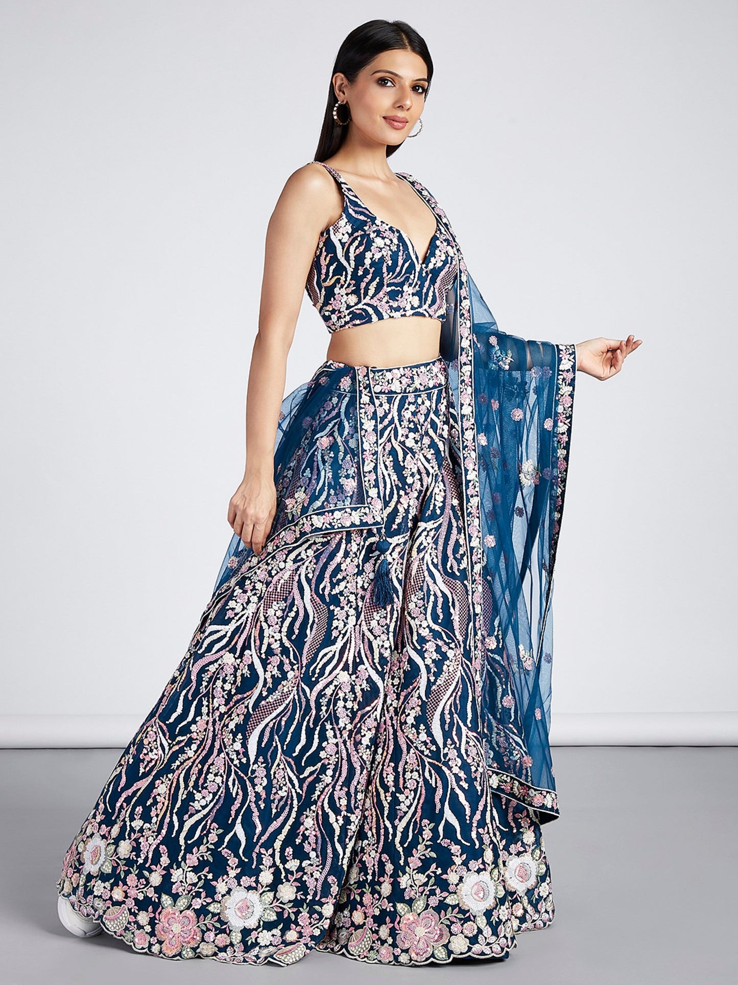 Women's Navy Blue Net Sequins And Thread Embroidery Lehenga Choli & Dupatta