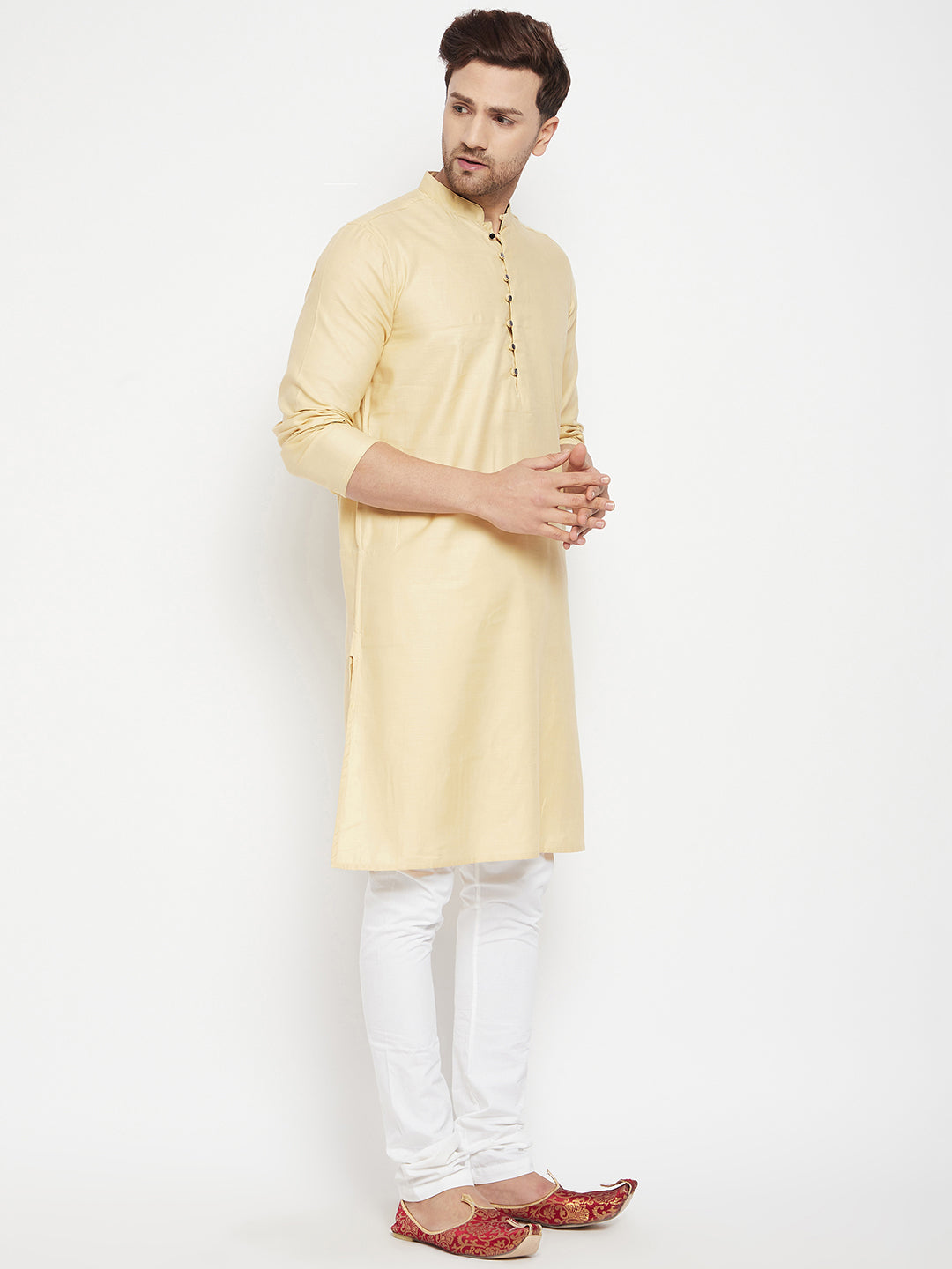 Men's Beige Color Long Kurta with Band Collar