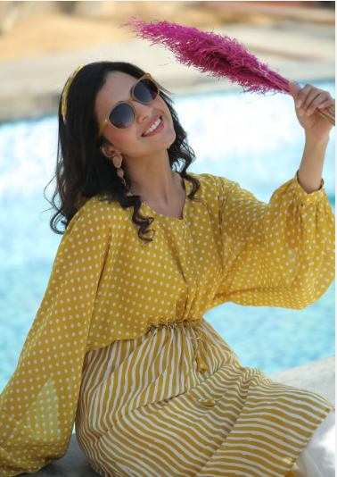 Women's Mustard Georgette Polka Print High-Low Tunic