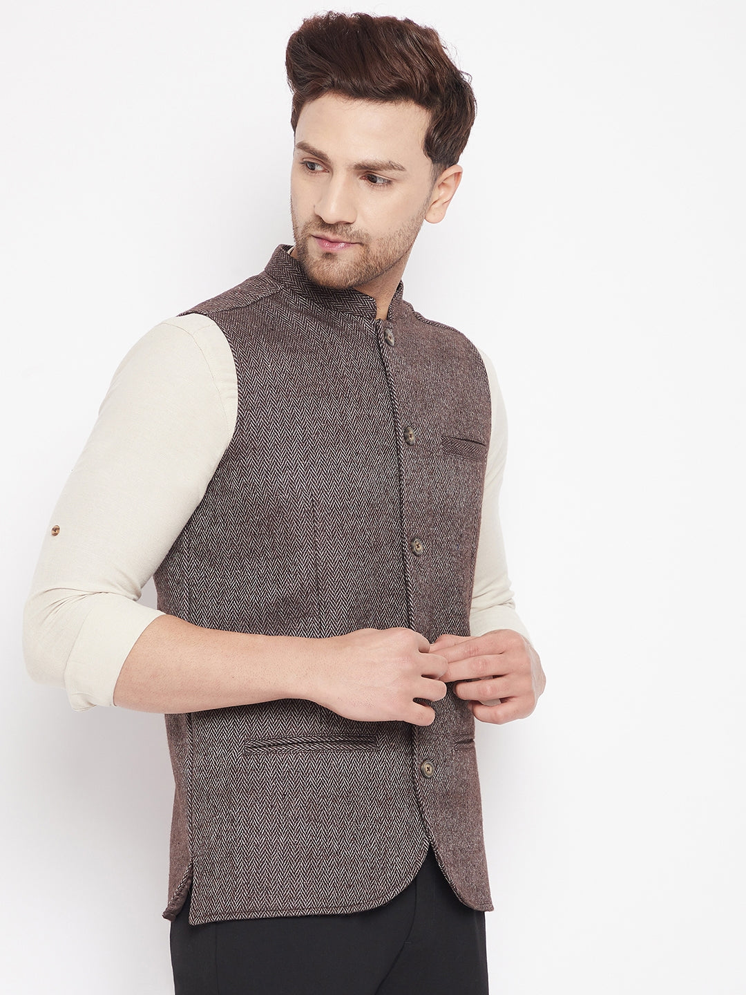 Men's Brown Color Woven Nehru Jacket