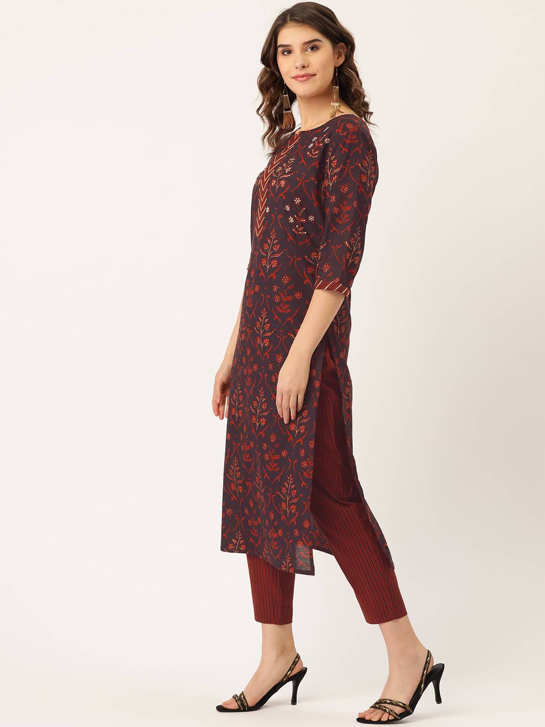 Women's Cotton Printed Suit Set with Adda Mirror Work