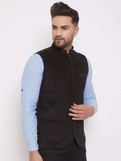 Men's Black Corduroy Solid Nehru Jacket