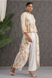Women's Mustard Rayon Printed Peplum Top Palazzo Set