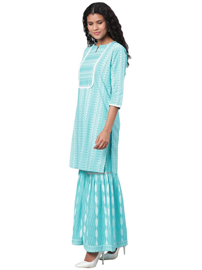 Women's Blue Printed 3/4 Sleeve Cotton Slub Maidran Coller Casual Kurta & Sharara Set