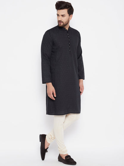 Men's Woven Design Black Straight Kurta