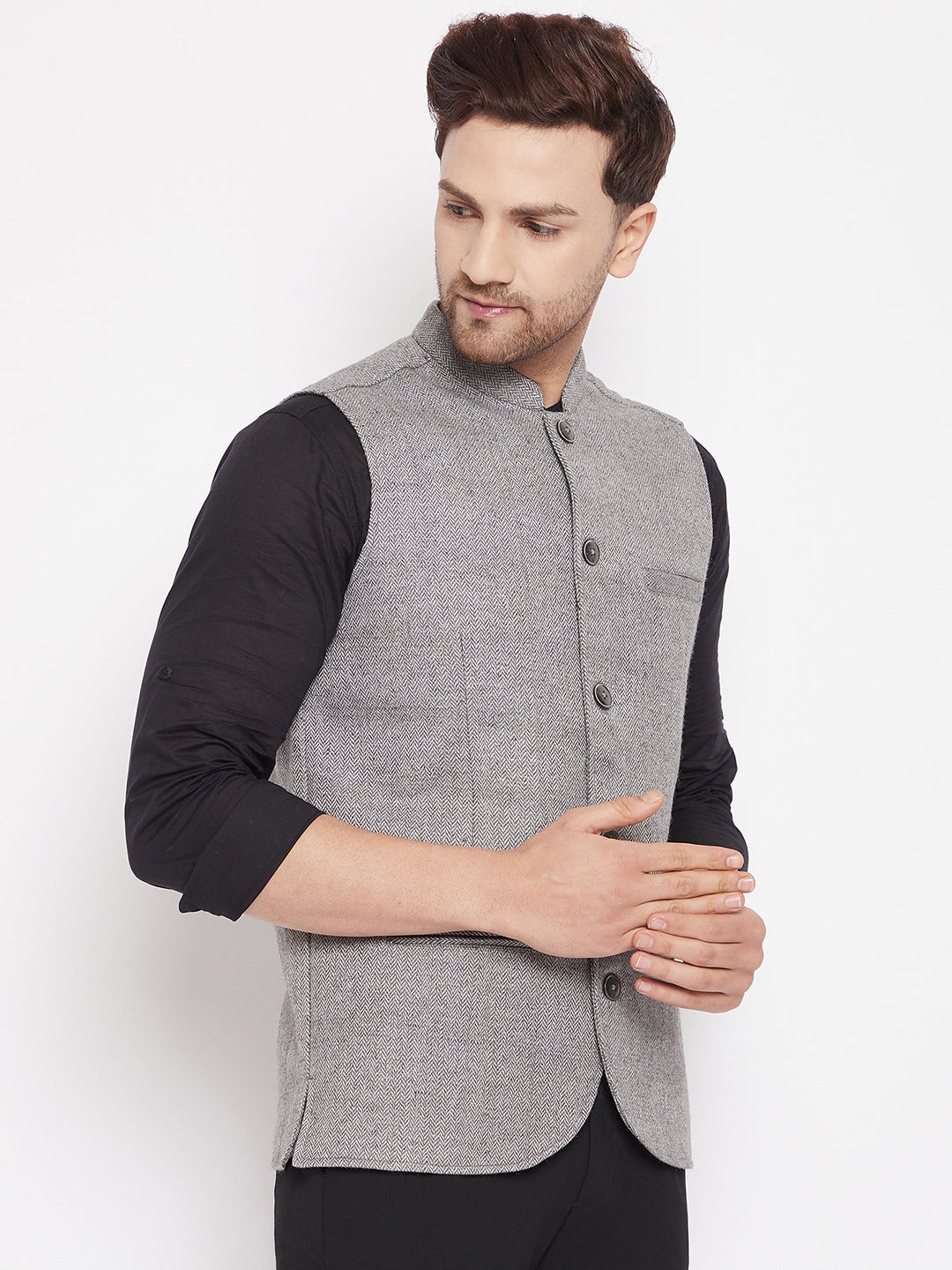 Men's Grey Color Woven Nehru Jacket