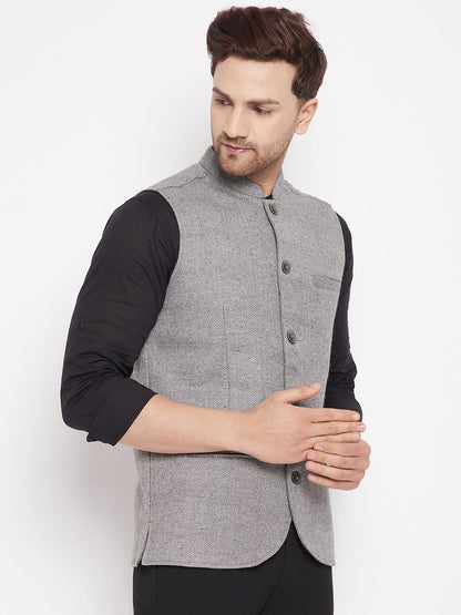 Men's Grey Color Woven Nehru Jacket