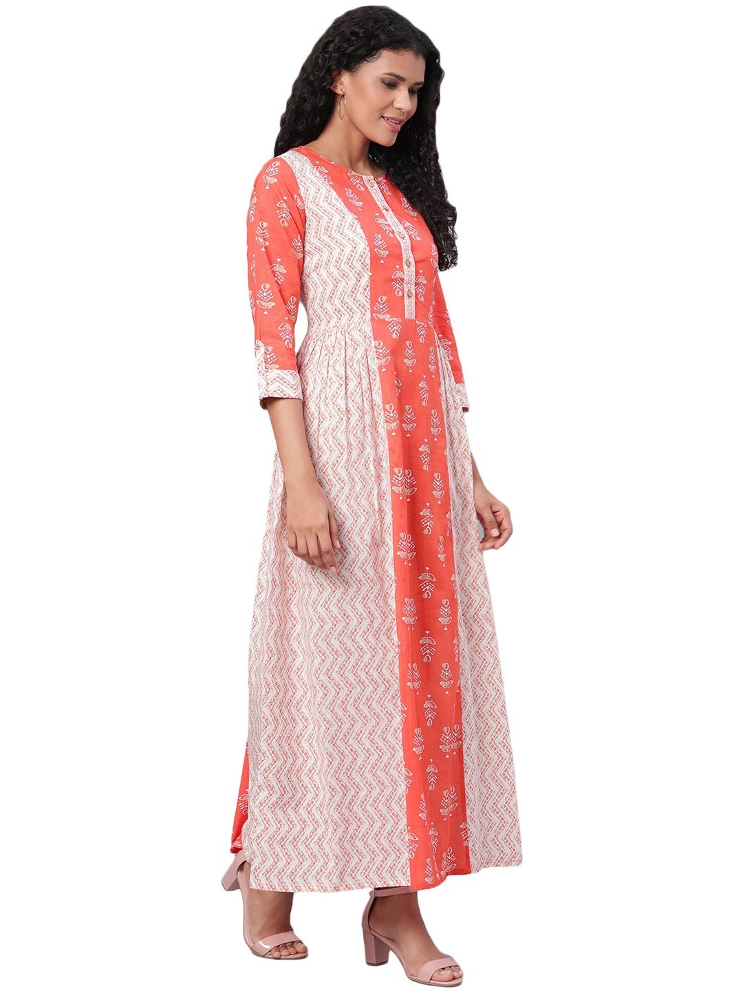 Women's Multi Printed 3/4 Sleeve Cotton Round Neck Dress