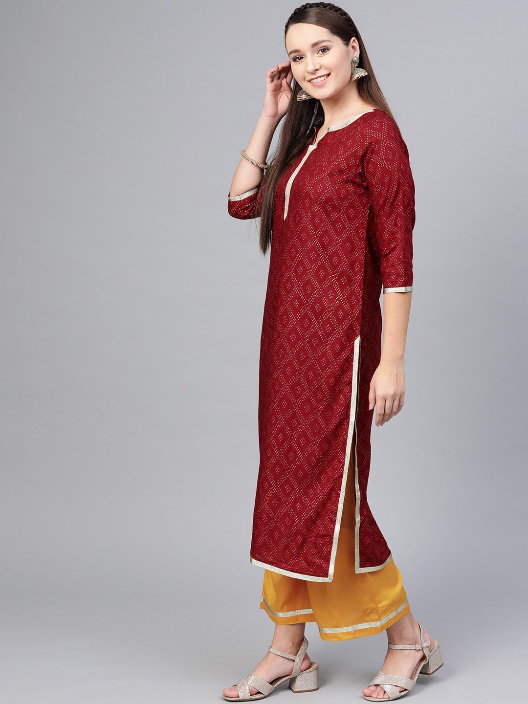 Women's Maroon Cotton Printed Half Sleeve Round Neck Casual Kurta Palazzo Set