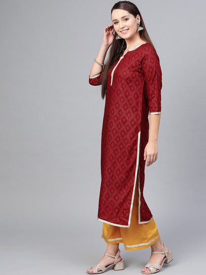 Women's Maroon Cotton Printed Half Sleeve Round Neck Casual Kurta Palazzo Set