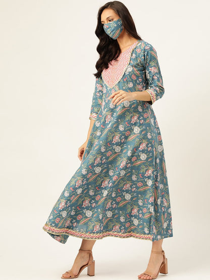 Women's Blue Cotton Gotta Work Anarkali With Dupatta