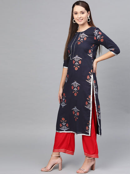 Women's Multi Cotton Printed Half Sleeve Round Neck Casual Kurta Palazzo Set