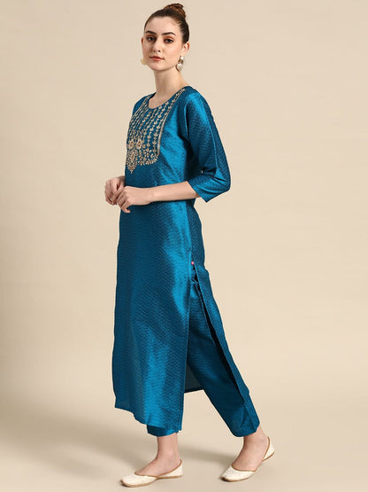 Women's Blue & Golden Embroidered Jacquard Kurta with Trousers