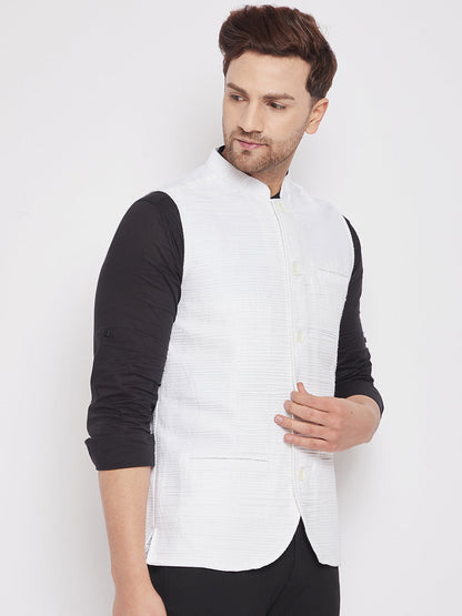 Men's White Color Woven Nehru Jacket