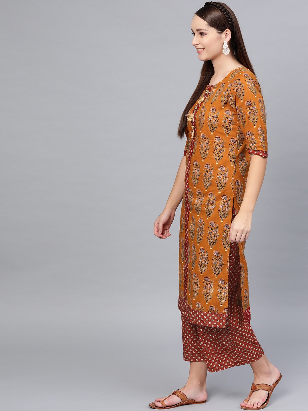Women Mustard Cotton Printed Kurta Palazzo Set by Myshka (