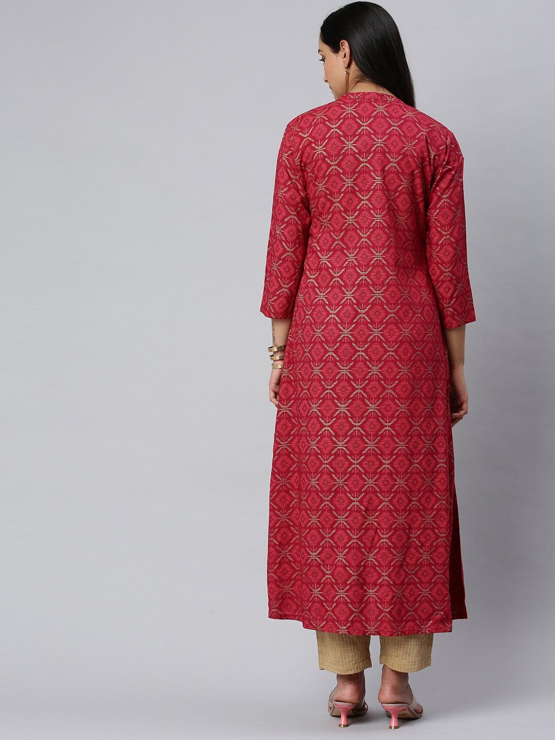 Women's KSUT Fuchsia And Gold Geometric Printed A Line Kurta With 3/4Th Sleeves