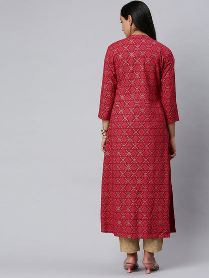 Women's KSUT Fuchsia And Gold Geometric Printed A Line Kurta With 3/4Th Sleeves