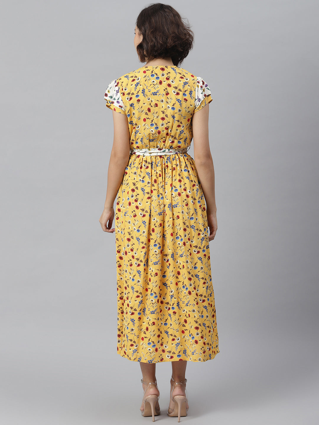 Women's Yellow & White Printed Wrap Dress with Contrast panel