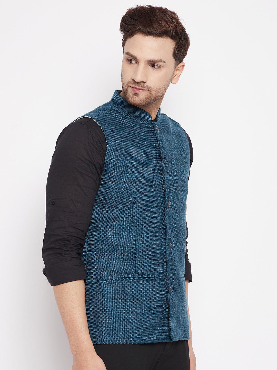 Men's Blue Color Woven Nehru Jacket