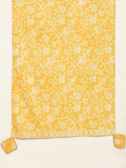 Women's Yellow & White Ethnic Hand Printed Cotton Kurta with Trousers & Dupatta
