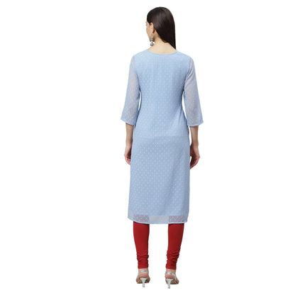 Women's Blue Dobby Chiffon Printed 3/4 Sleeve Round Neck Casual Kurta Only