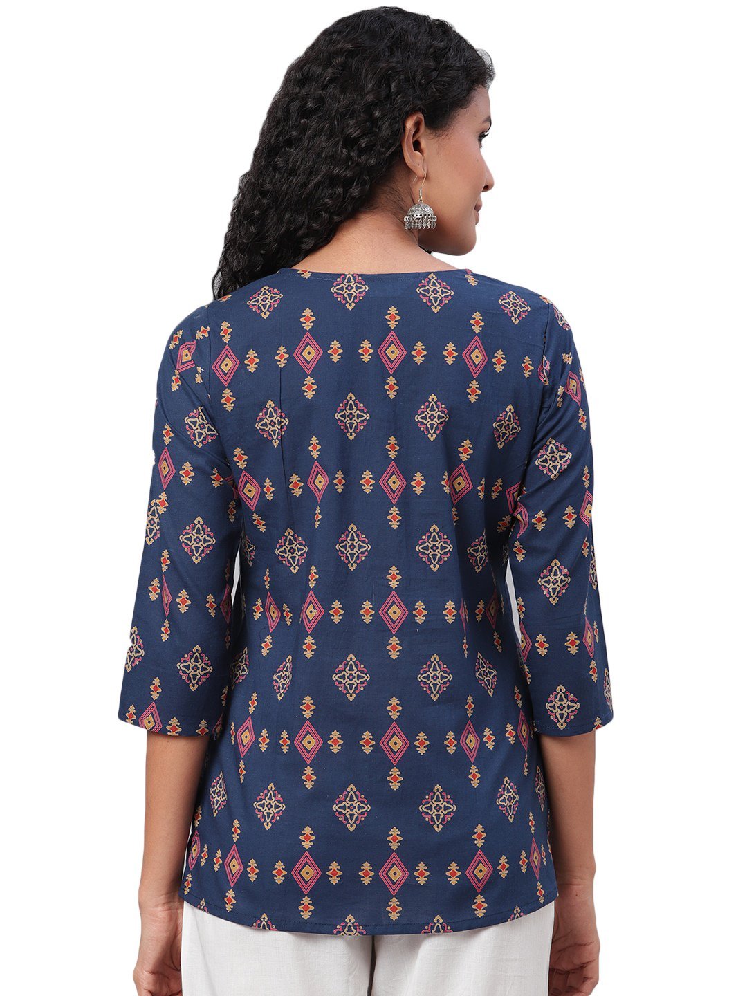 Women Navy Blue Printed Cotton Top by Myshka