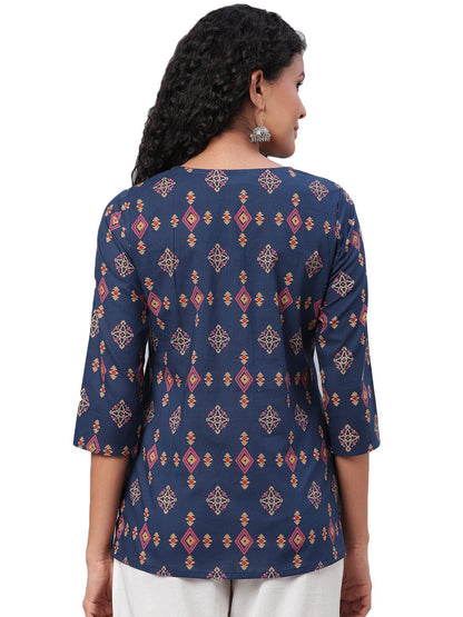 Women Navy Blue Printed Cotton Top by Myshka