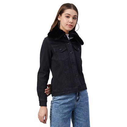 Women's Black Denim Jacket with Detachable Black Fur Collar