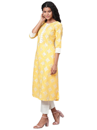 Women's Yellow Printed 3/4 Sleeve Cotton Round Neck Casual Kurta & Pant Set