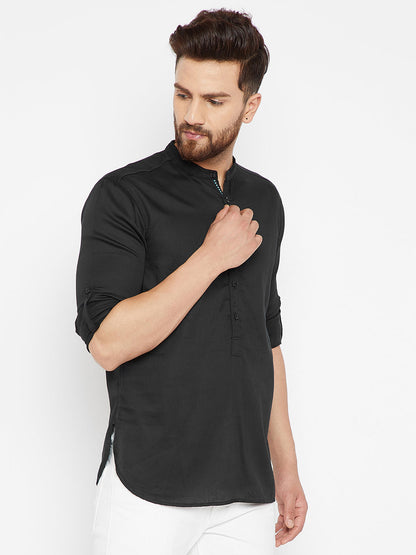 Men's Black Cotton Solid Shirt Kurta