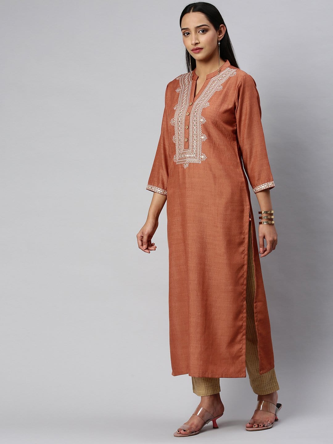 Women's KSUT Rust And Cream Mirror Work Embroidery Yoke Kurta With 3/4Th Sleeves