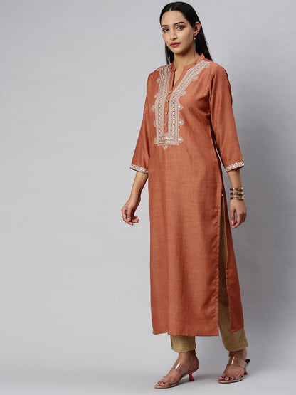 Women's KSUT Rust And Cream Mirror Work Embroidery Yoke Kurta With 3/4Th Sleeves