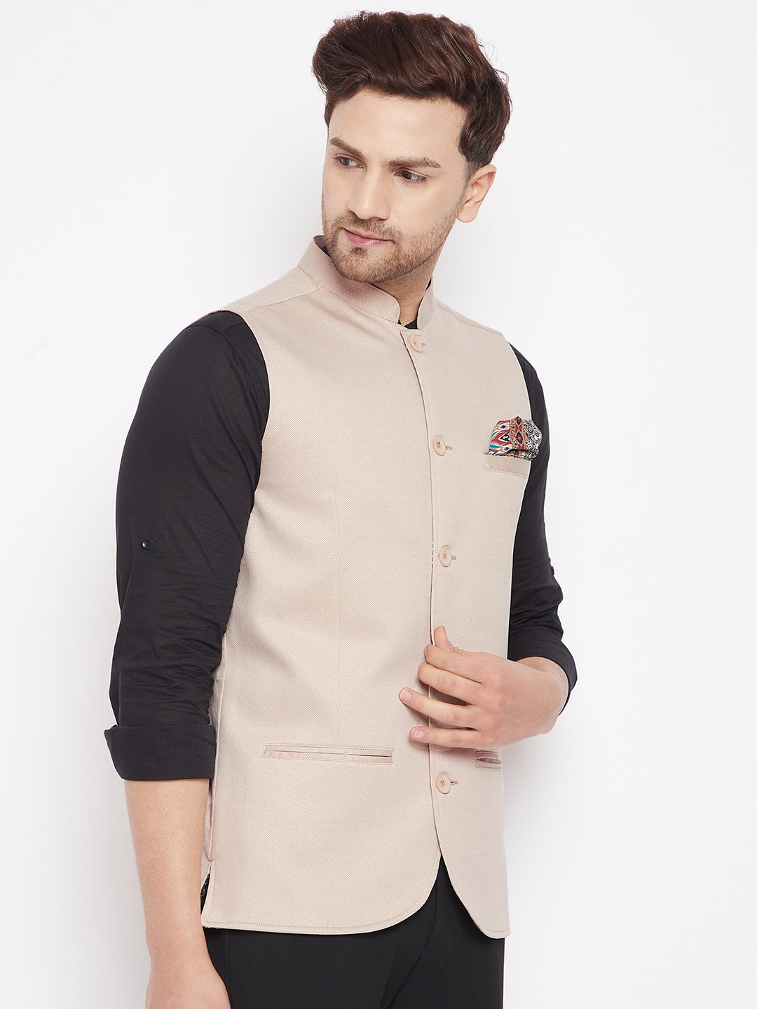 Men's Cream Color Woven Nehru Jacket