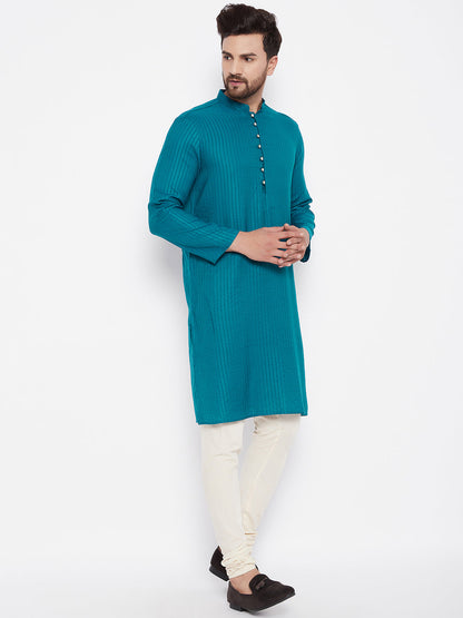 Men's Woven Design Blue Straight Kurta