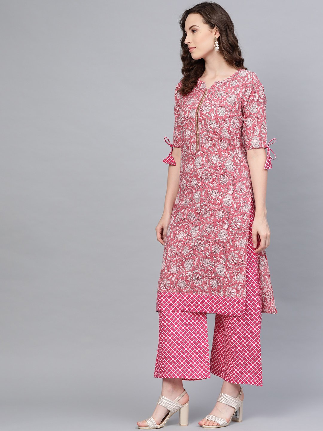 Women's Pink Cotton Printed Half Sleeve Round Neck Casual Kurta Palazzo Set
