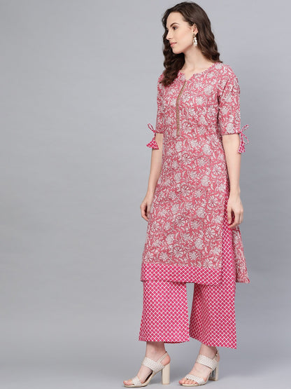 Women's Pink Cotton Printed Half Sleeve Round Neck Casual Kurta Palazzo Set