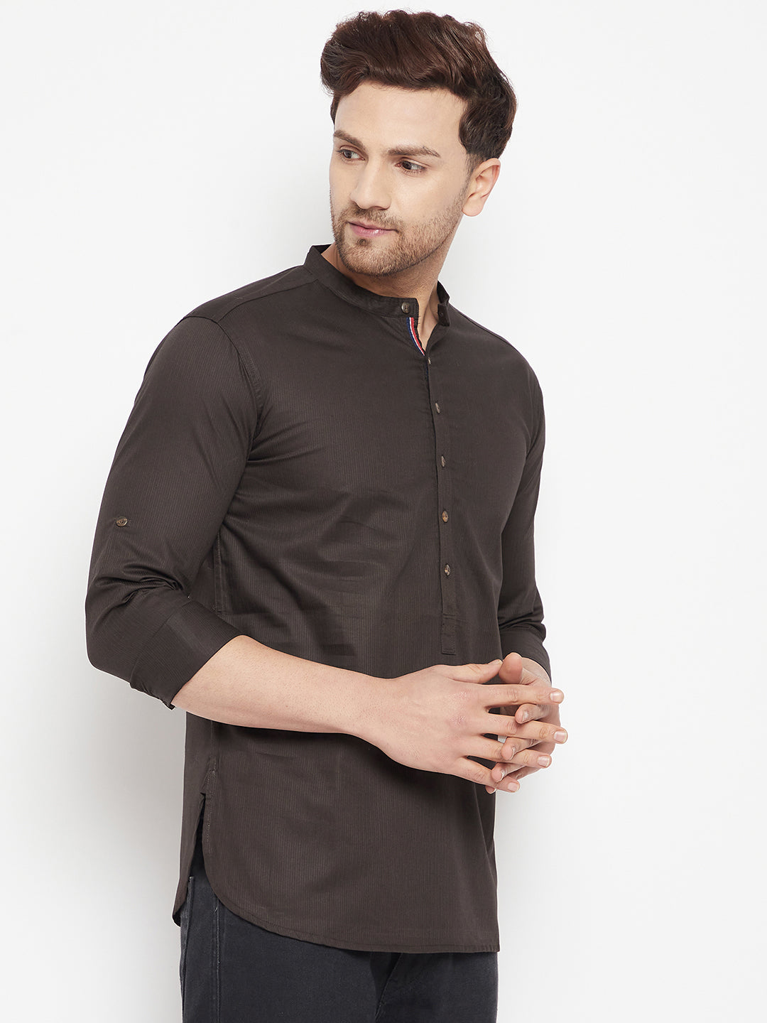 Men's Brown Color Long Kurta with Band Collar