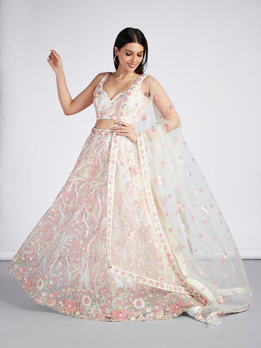 Women's Cream Net Sequins And Thread Embroidery Lehenga Choli & Dupatta