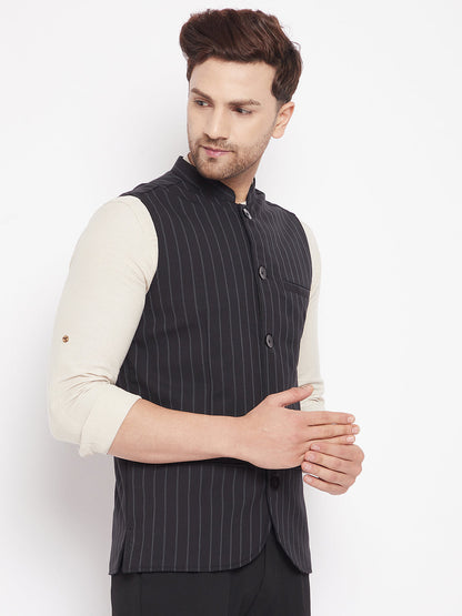 Men's Black Color Woven Nehru Jacket