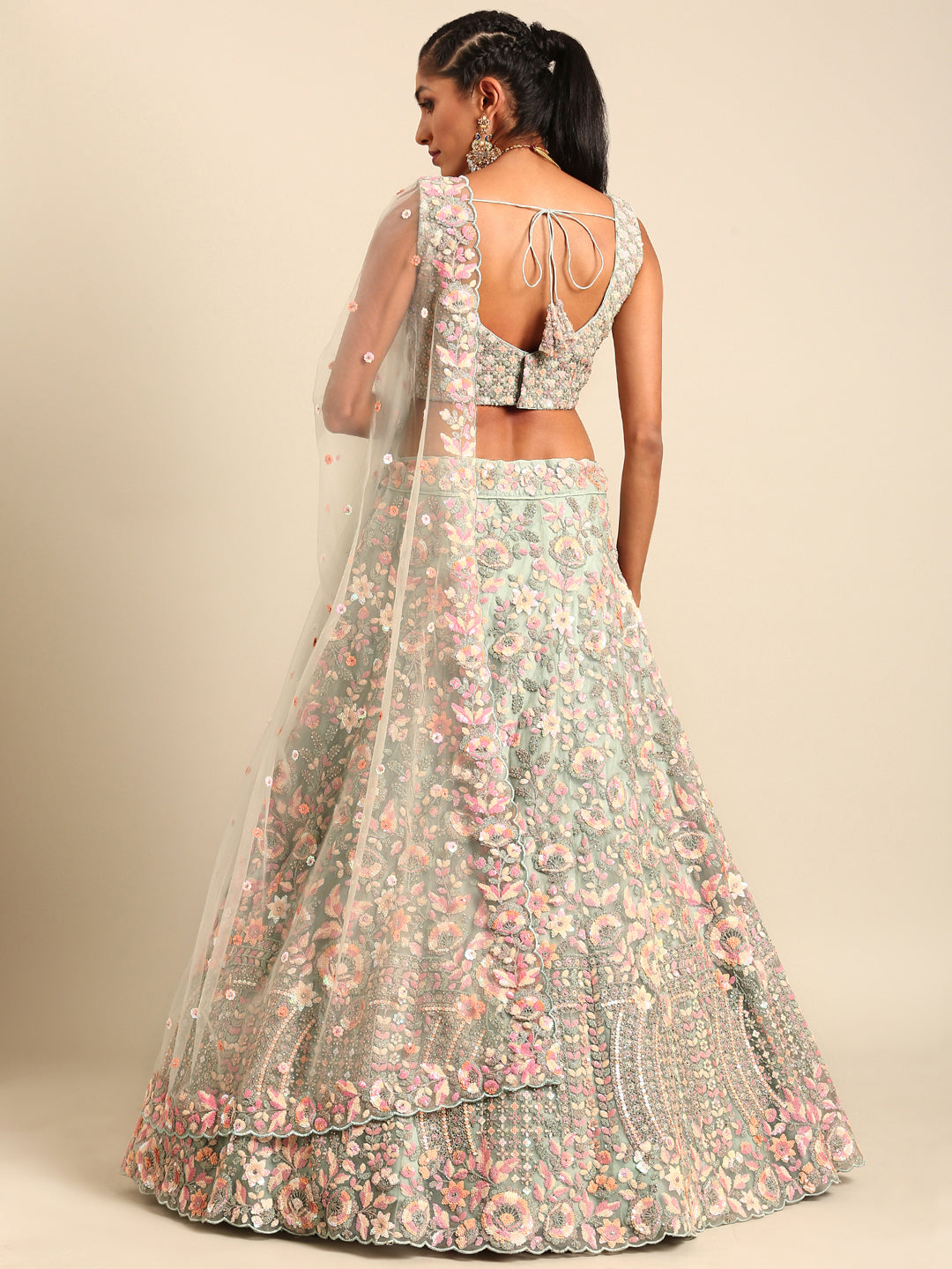 Women 's Sea green Net Multi Sequins with heavy Zarkan embroidery Ready to Wear Lehenga choli & Dupatta