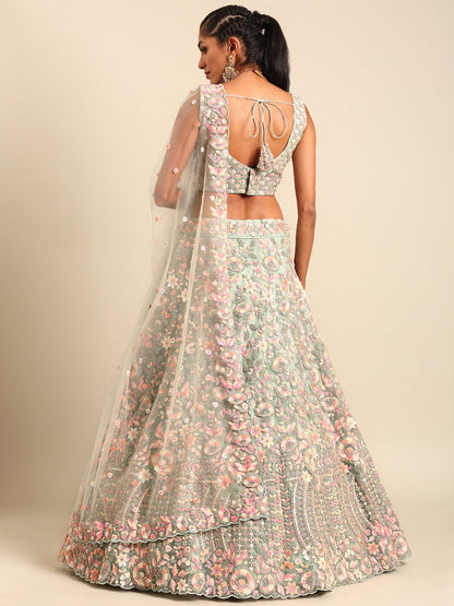 Women 's Sea green Net Multi Sequins with heavy Zarkan embroidery Ready to Wear Lehenga choli & Dupatta
