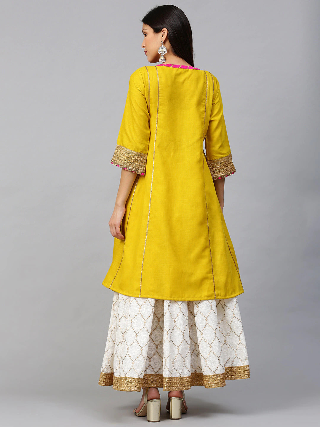 Women's Mustard Yellow And White Gotta Patti Striped Kurta With Block Printed Skirt