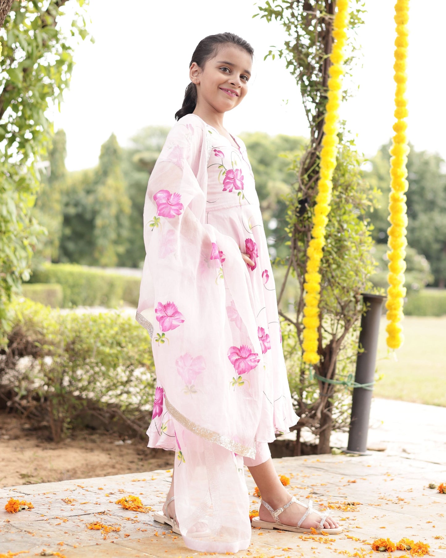 Girl's Dandelion Pink Muslin Silk Handcrafted Suit Set