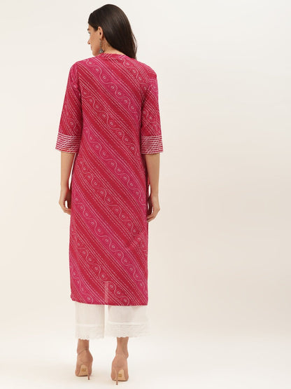 Women's Red And Fuchsia Bandhej Gota Work Straight Kurta