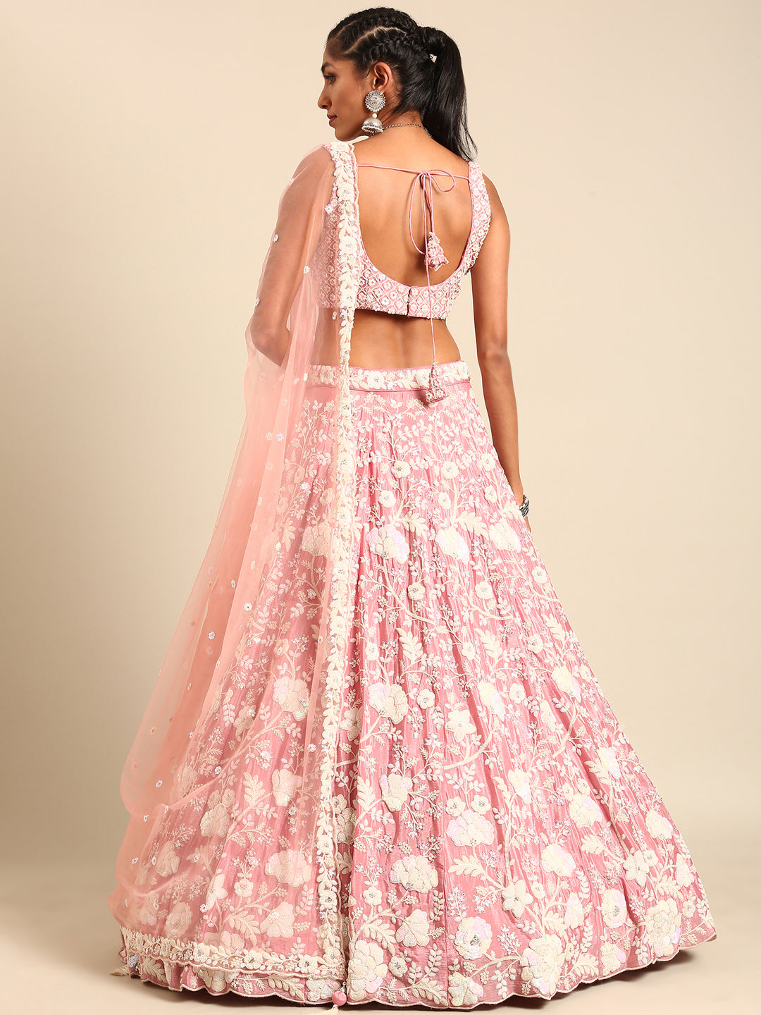 Women's Rose Gold Chinon Sequins And Zarkan Embroidery Lehenga Choli & Dupatta