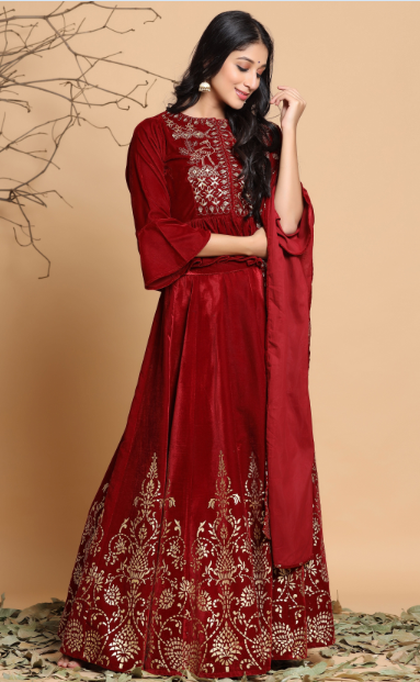 Women's Maroon Velvet Emboss Print Lehenga Choli Dupatta Set