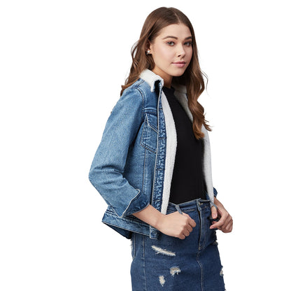 Women's Denim Jacket with Soft Warm Faux Fur Lining inside -Blue