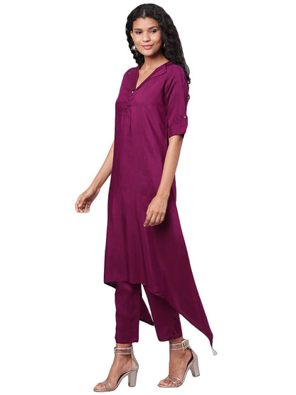 Women Purple Silk Kurta with Pant & Dupatta Set by Myshka (