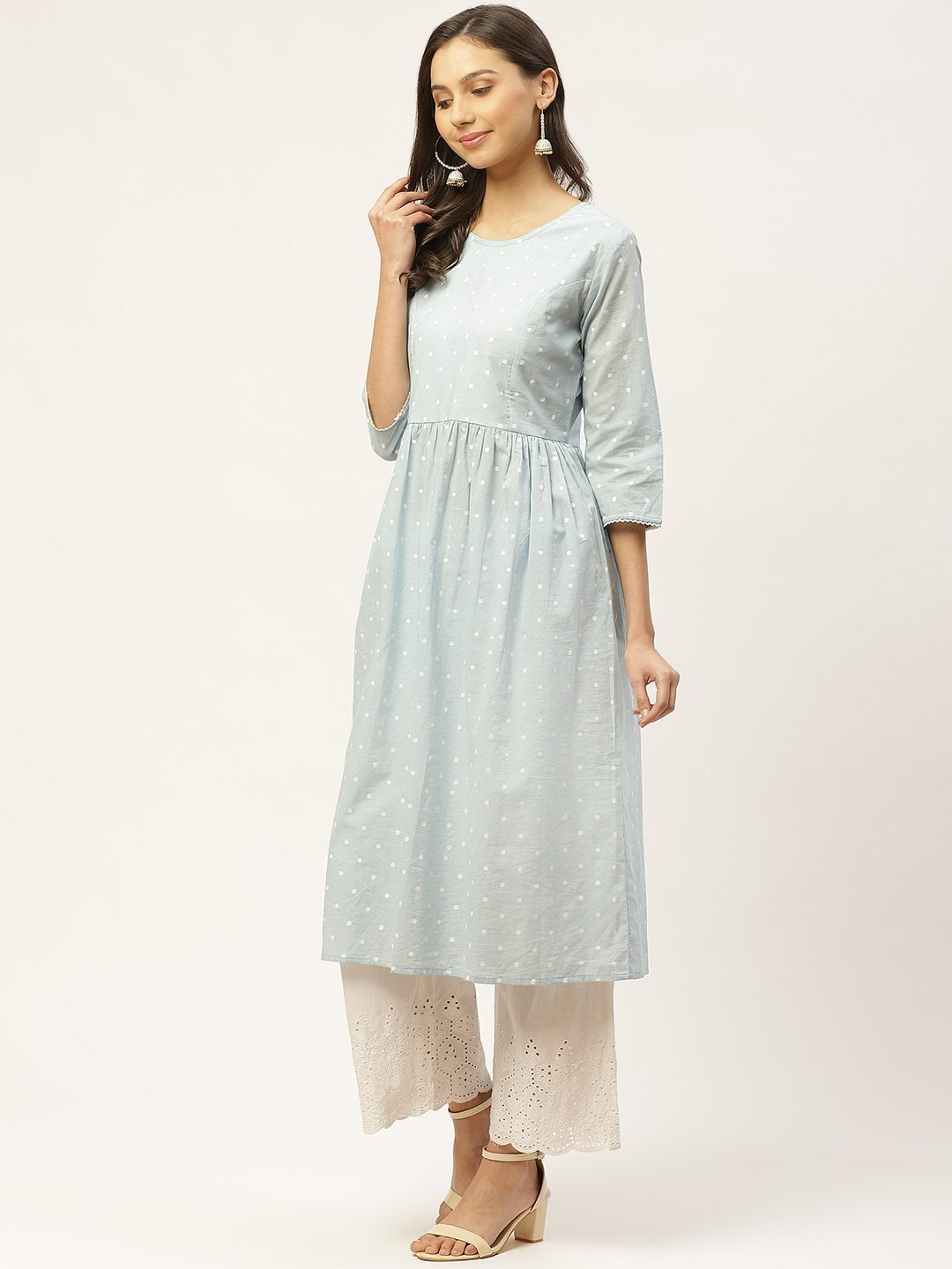 Women's Blue & White Polka Dot Hand Printed A-Line Pleated Cotton Kurta with Palazzos